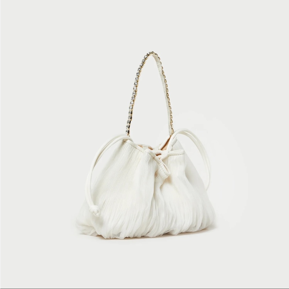 NWT Loeffler Randall Pearl Layne Pleated Handheld Clutch with Rhinestone Strap